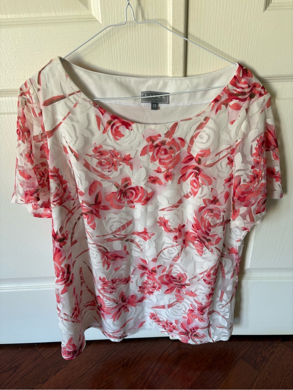 Laura White Short-Sleeve Top with Coral Rose Print